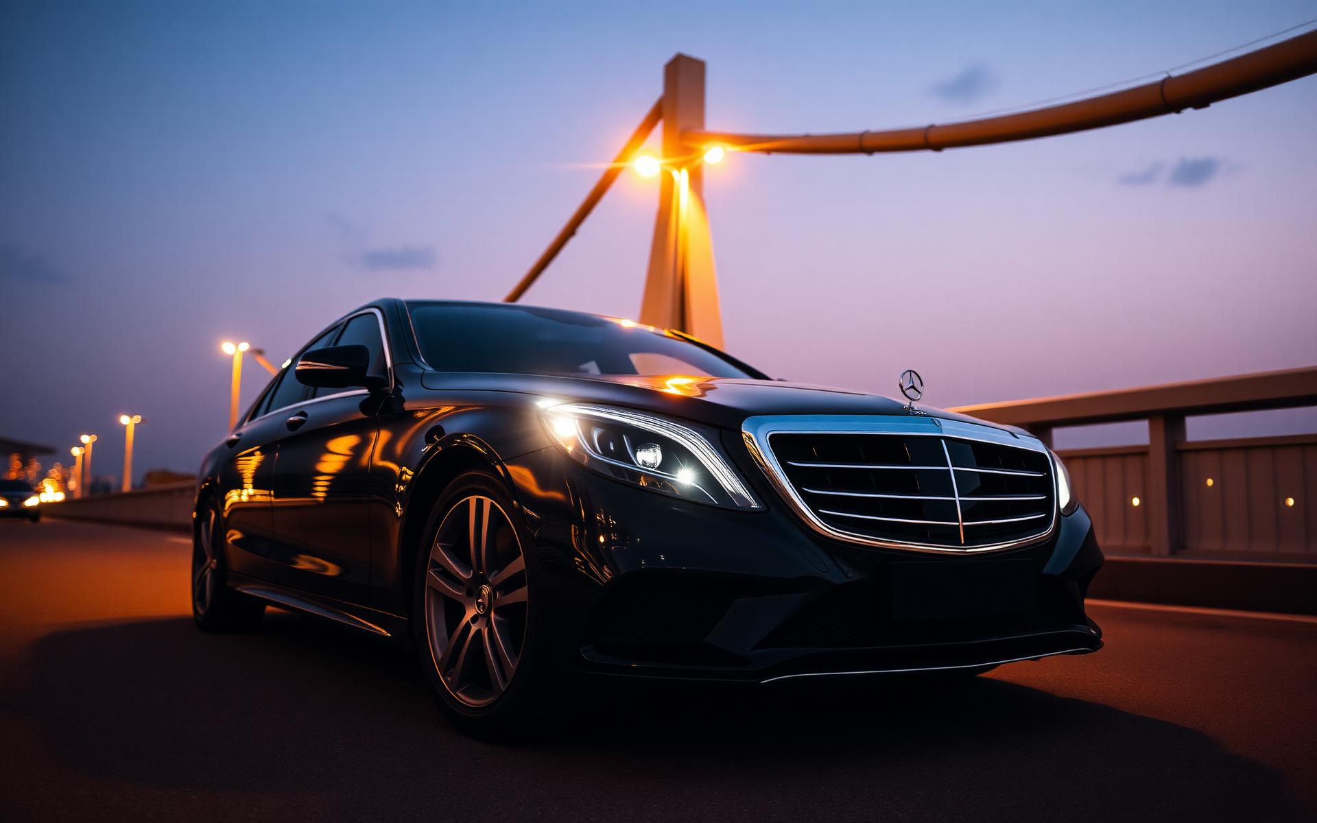 Black Mercedes S-Class at Ikoyi Link Bridge, Lagos, at dusk